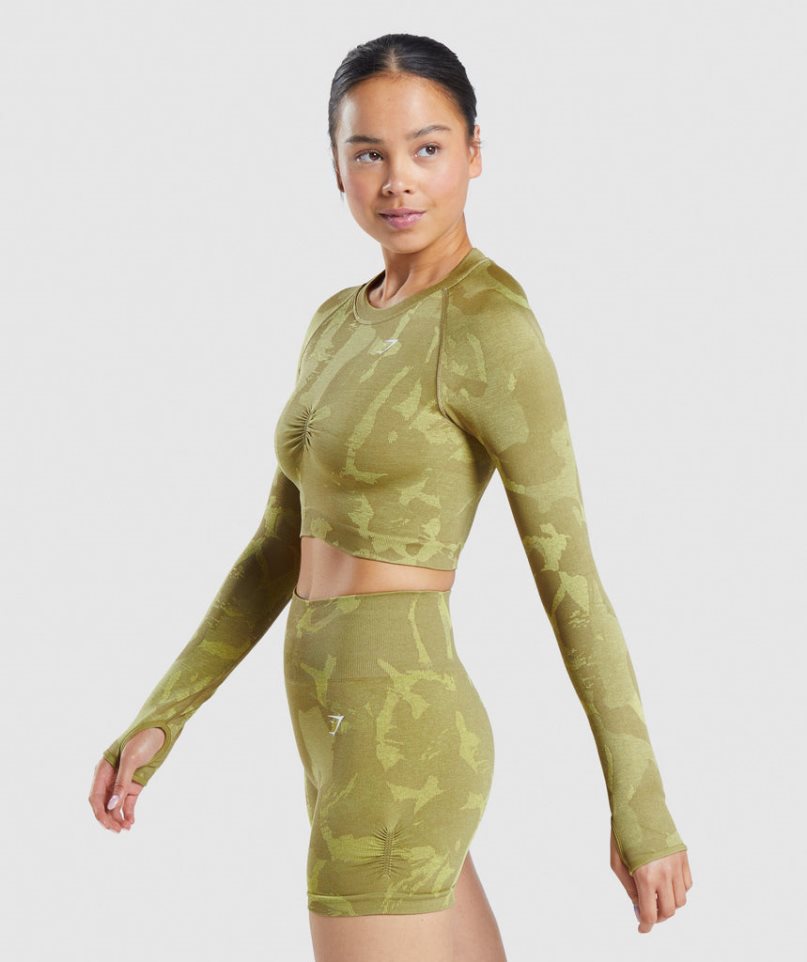 Women's Gymshark Adapt Camo Seamless Long Sleeve Cropped Tops Green | CA NA7D01